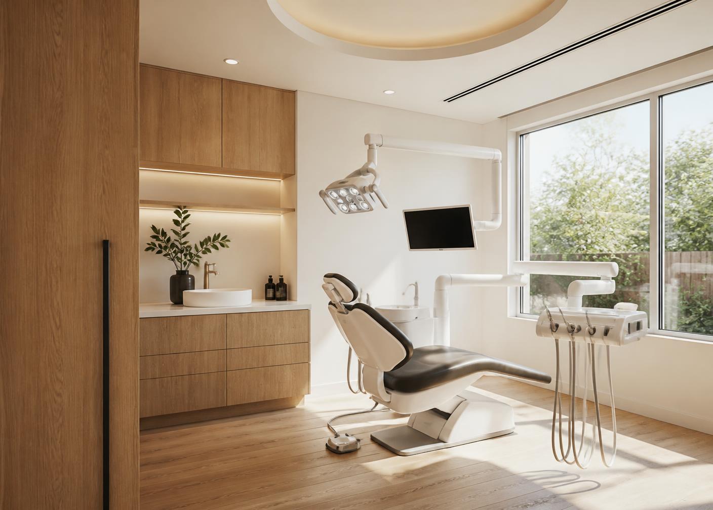 Consultório odontológico contemporâneo com marcenaria em carvalho e luz natural difusa